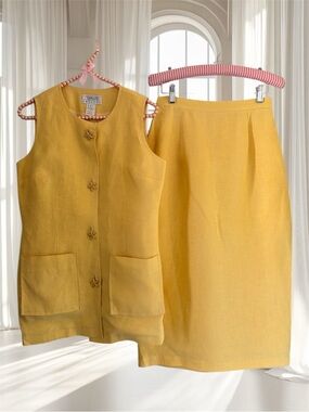 VTG Talbots Petite 100% Linen Yellow Sleeveless Skirt Suit Size 6